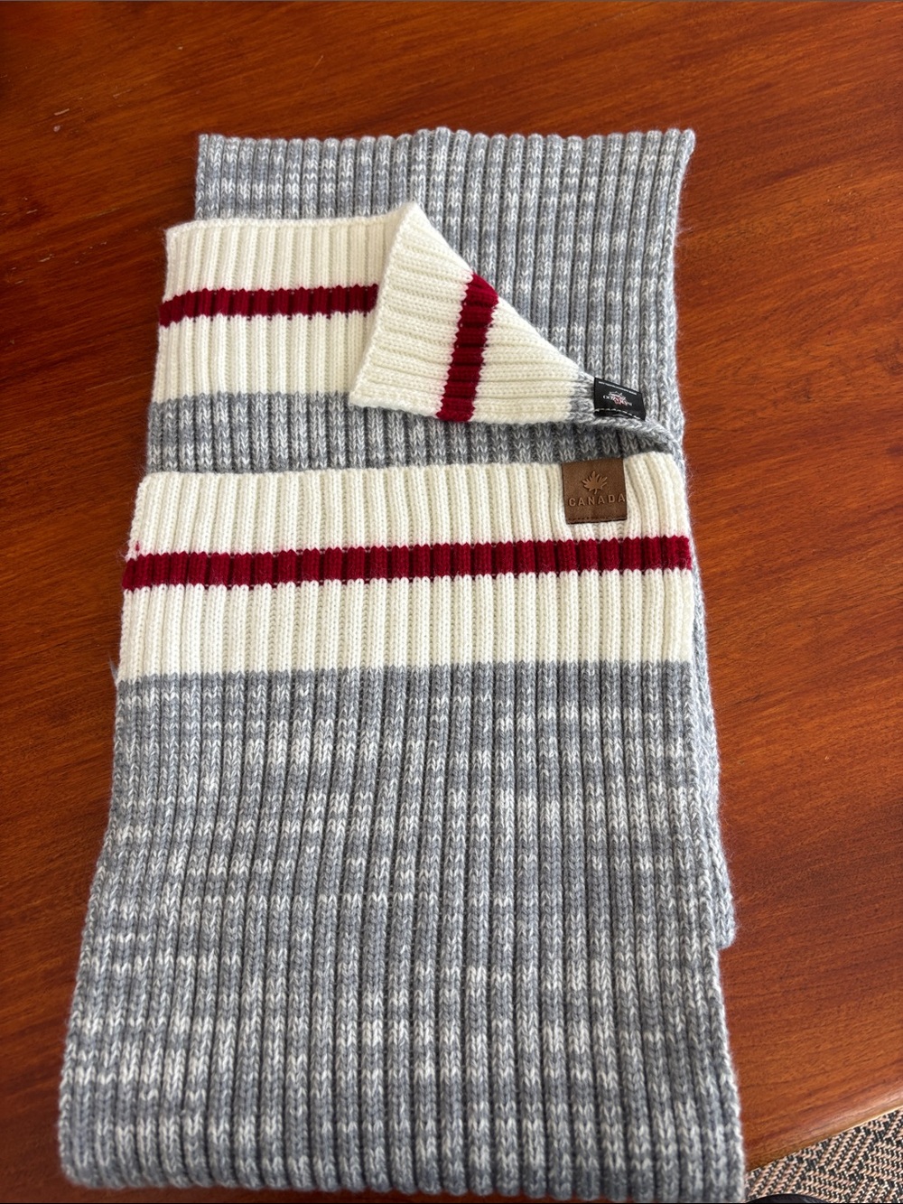 Canada Wool Ribbed Scarf in Gray, Cream & Red Stripe